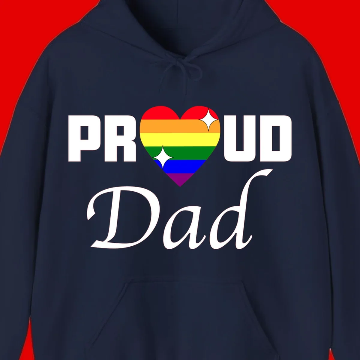 Proud Dad rainbow heart design with vibrant pride flag colors in heart shape and white text