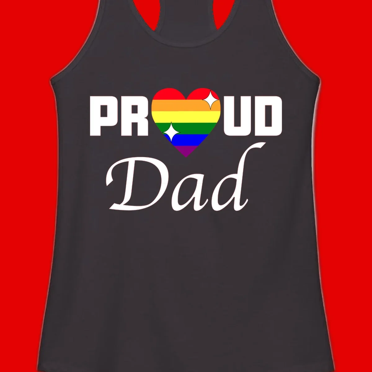 Proud Dad rainbow heart design with vibrant pride flag colors in heart shape and white text