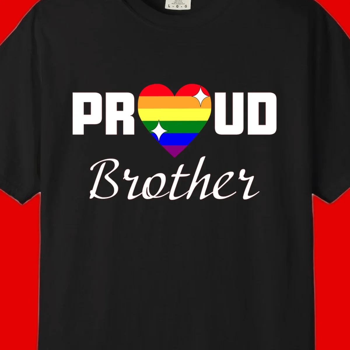 Proud Brother pride design with rainbow heart and white sparkles on gray background
