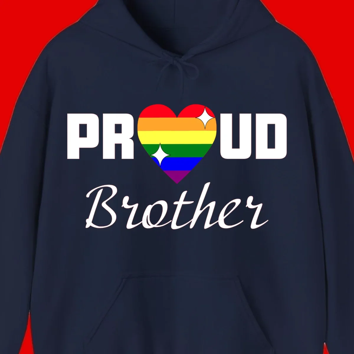 Proud Brother pride design with rainbow heart and white sparkles on gray background