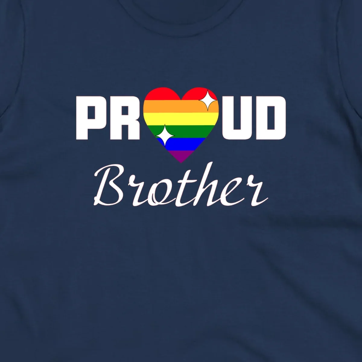 Proud Brother pride design with rainbow heart and white sparkles on gray background