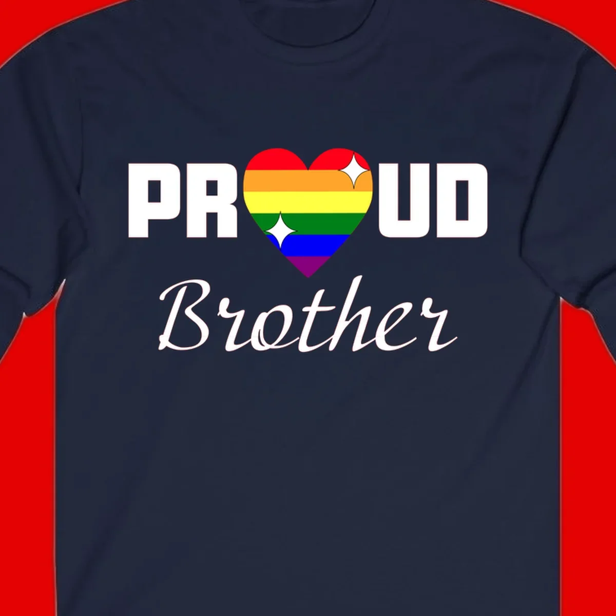 Proud Brother pride design with rainbow heart and white sparkles on gray background
