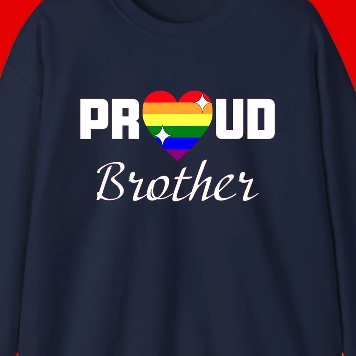 Proud Brother pride design with rainbow heart and white sparkles on gray background