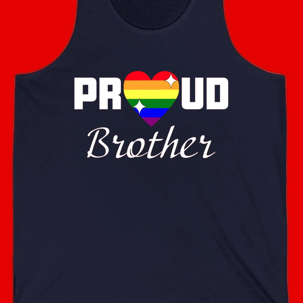 Proud Brother pride design with rainbow heart and white sparkles on gray background
