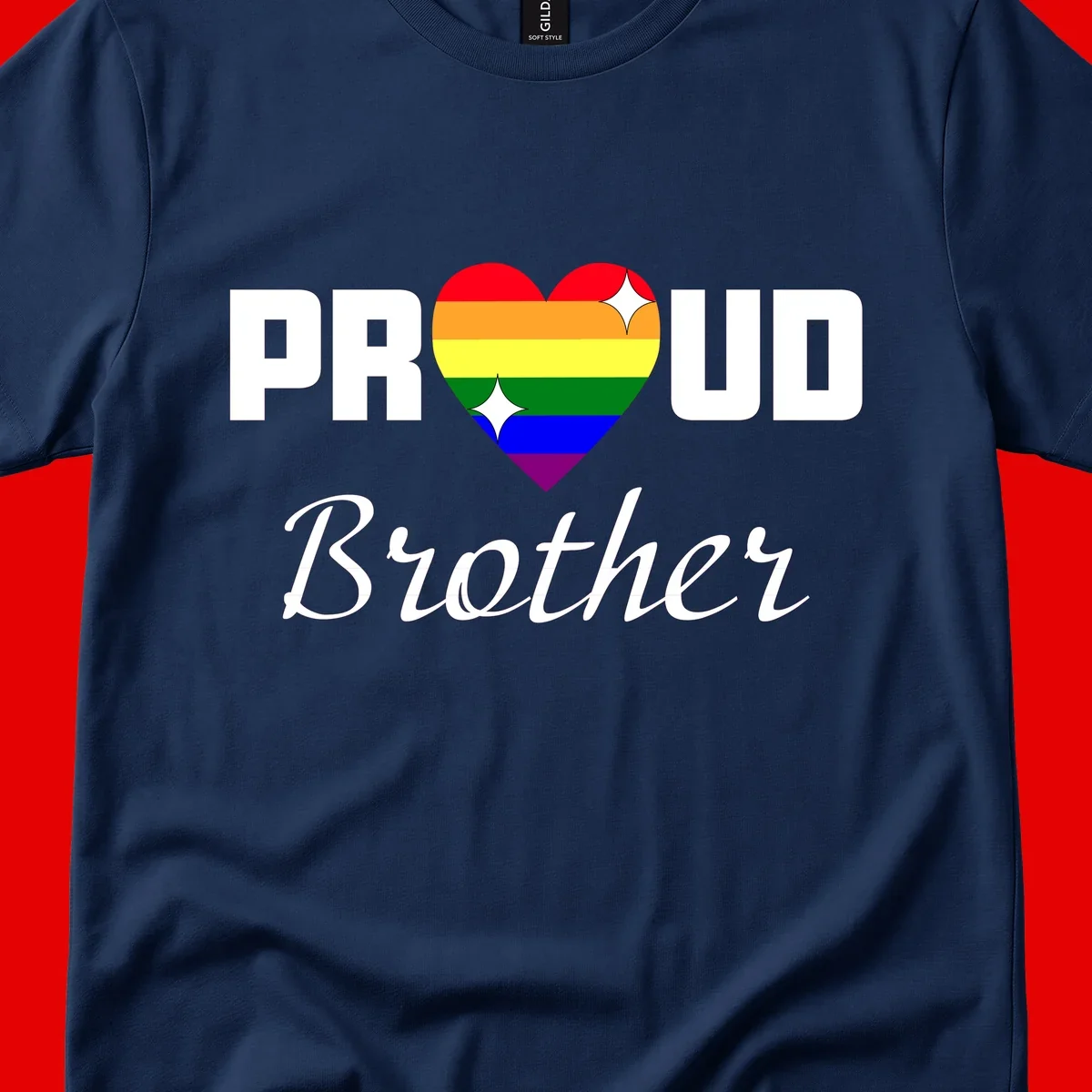 Proud Brother pride design with rainbow heart and white sparkles on gray background