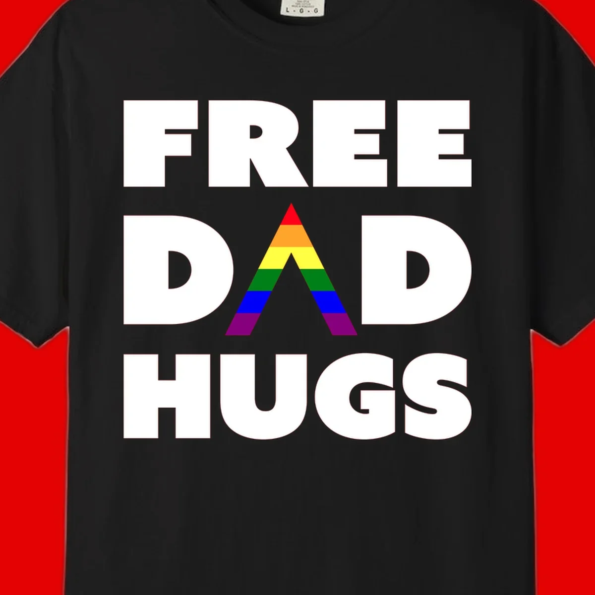 Free Dad Hugs pride design featuring a colorful rainbow triangle with red, orange, yellow, green, blue, and purple stripes