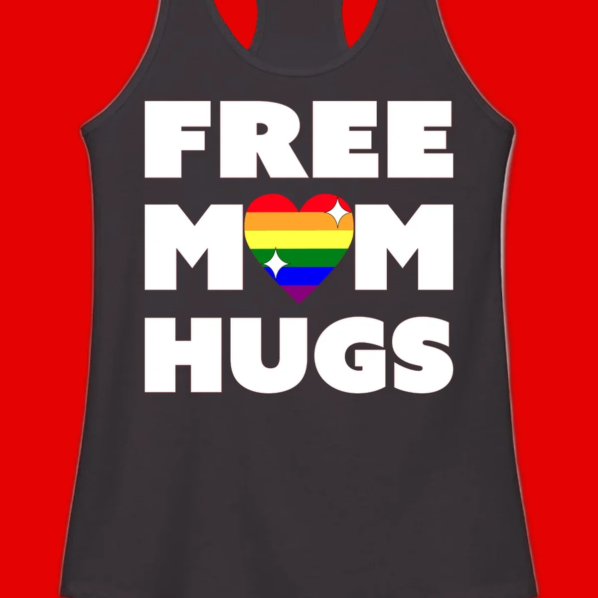 Free Mom Hugs design with rainbow pride heart featuring red, orange, yellow, green, blue, and purple stripes with white sparkles