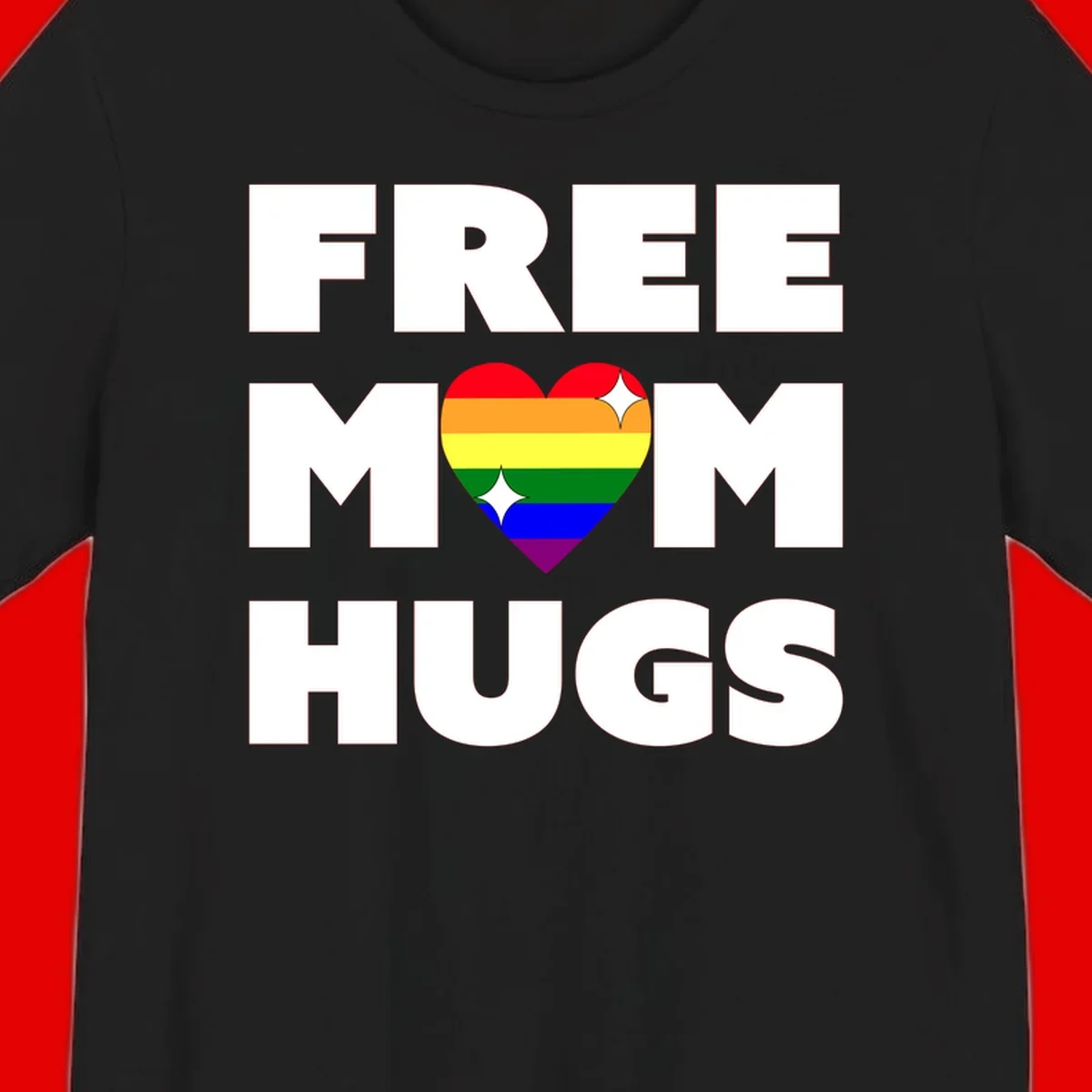 Free Mom Hugs design with rainbow pride heart featuring red, orange, yellow, green, blue, and purple stripes with white sparkles