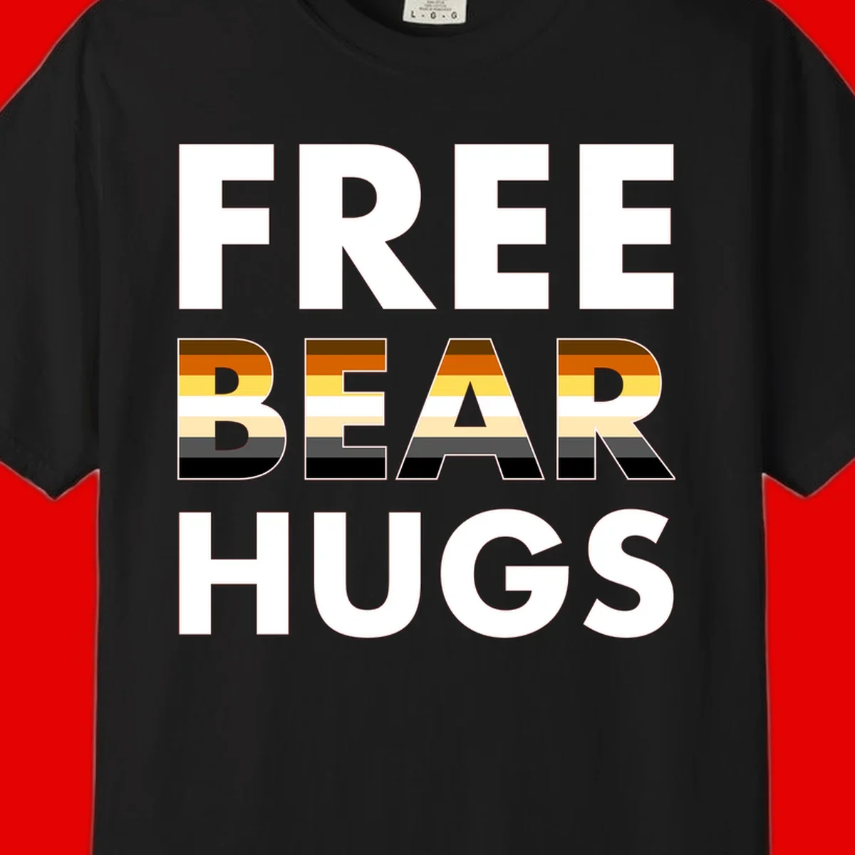 Free Bear Hugs design with bear flag stripes in brown, orange, yellow, tan and black colors featuring pride triangle symbol