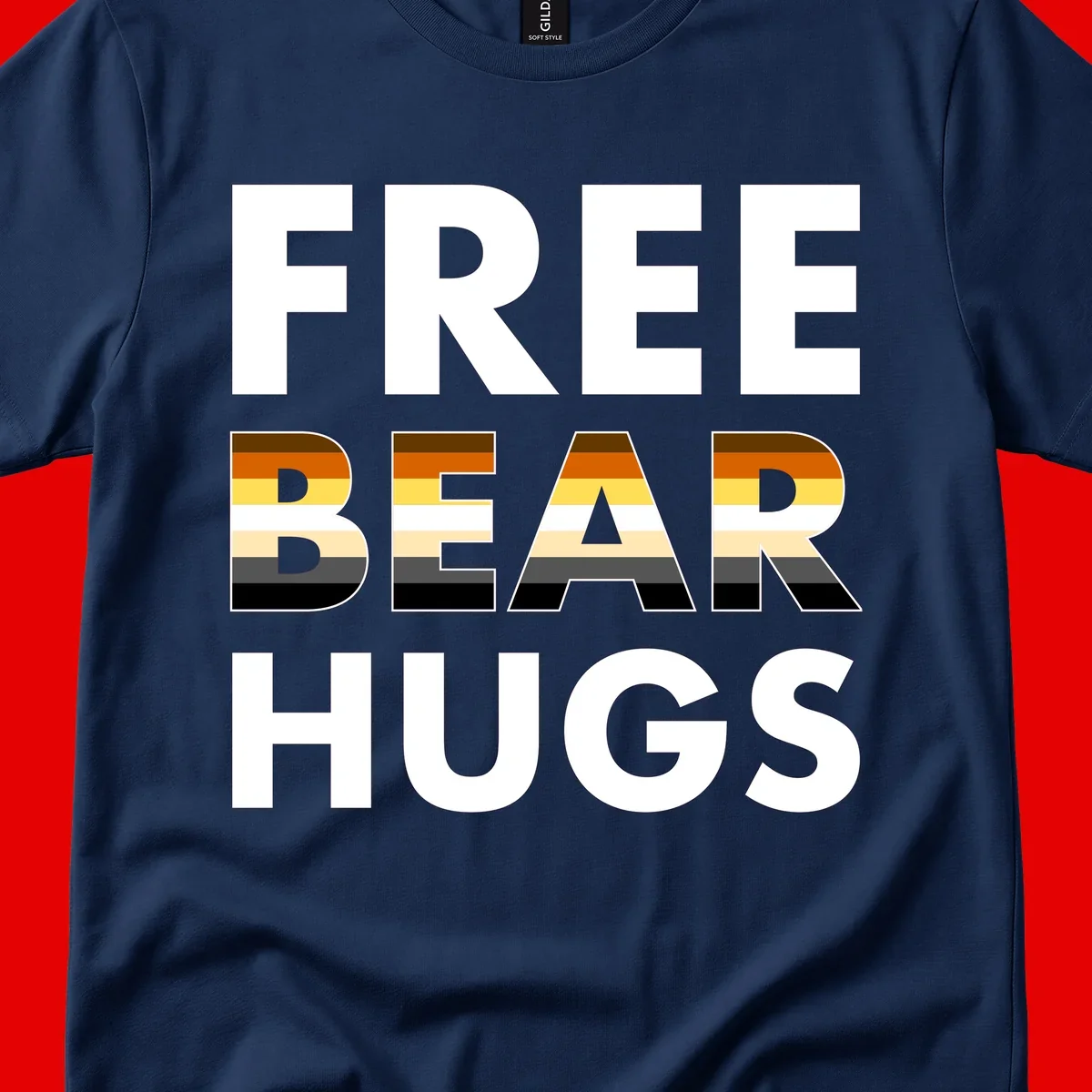 Free Bear Hugs design with bear flag stripes in brown, orange, yellow, tan and black colors featuring pride triangle symbol