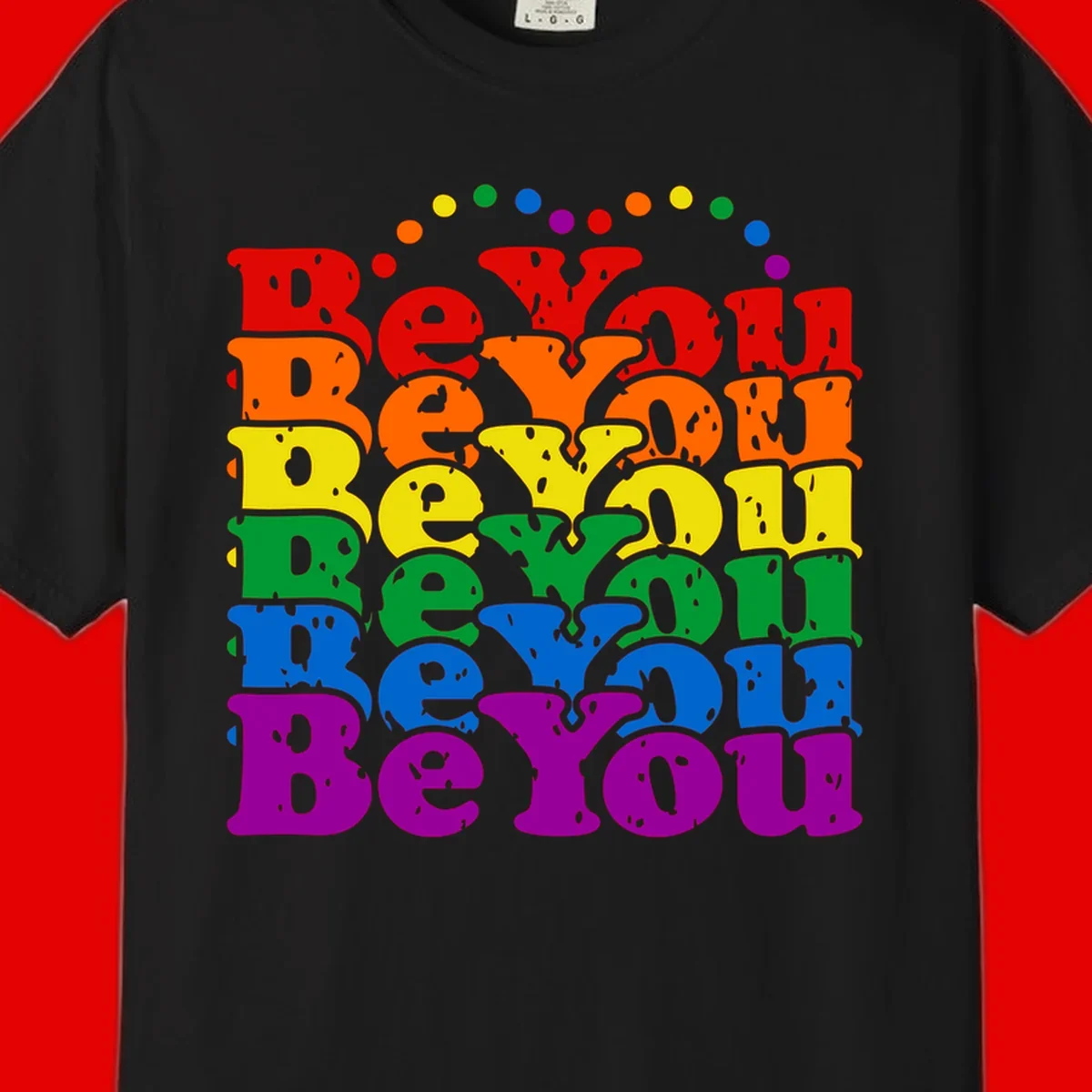Stacked rainbow-colored letters spelling 'Beyond The Rainbow' with grunge texture and floating colorful circles, pride celebration design