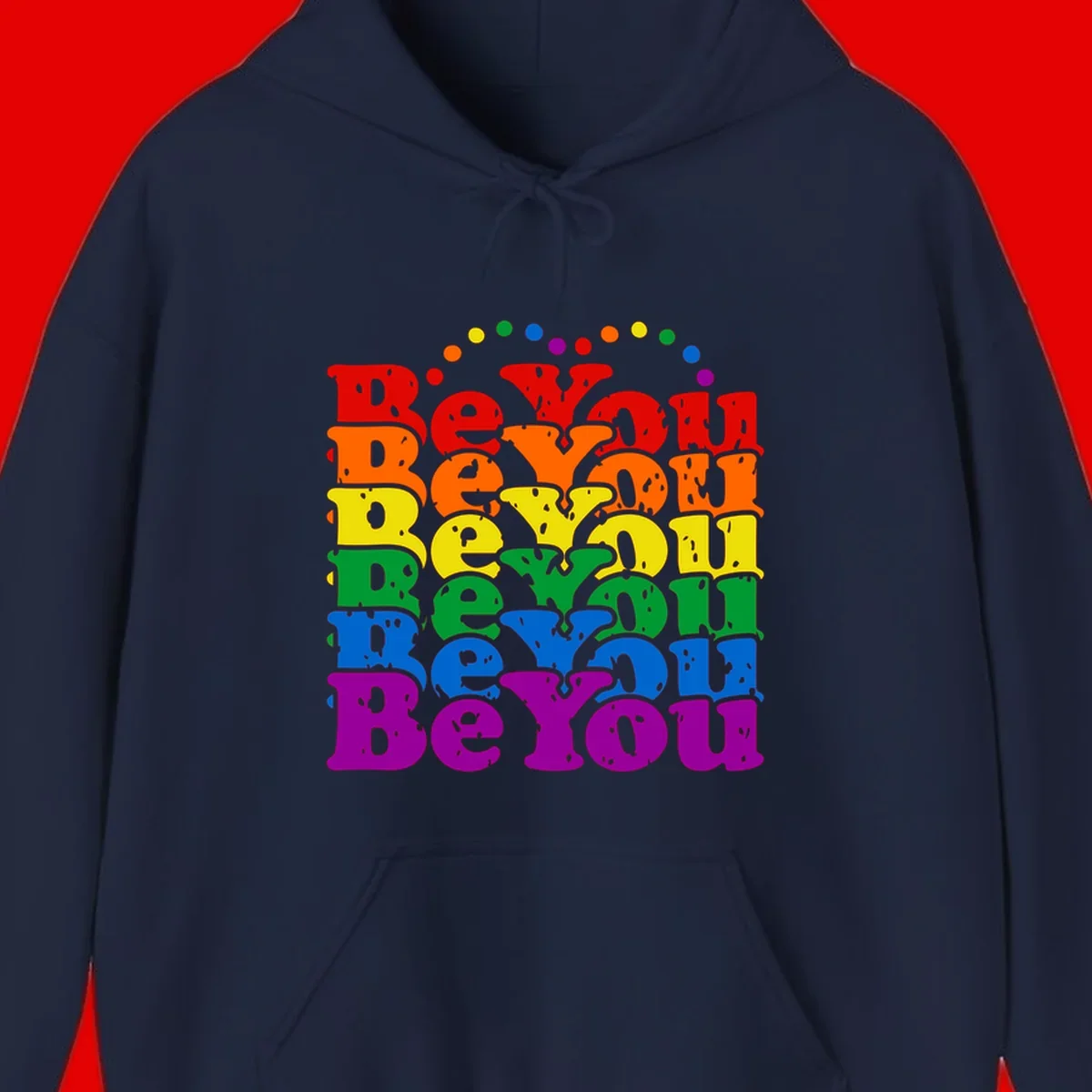 Stacked rainbow-colored letters spelling 'Beyond The Rainbow' with grunge texture and floating colorful circles, pride celebration design