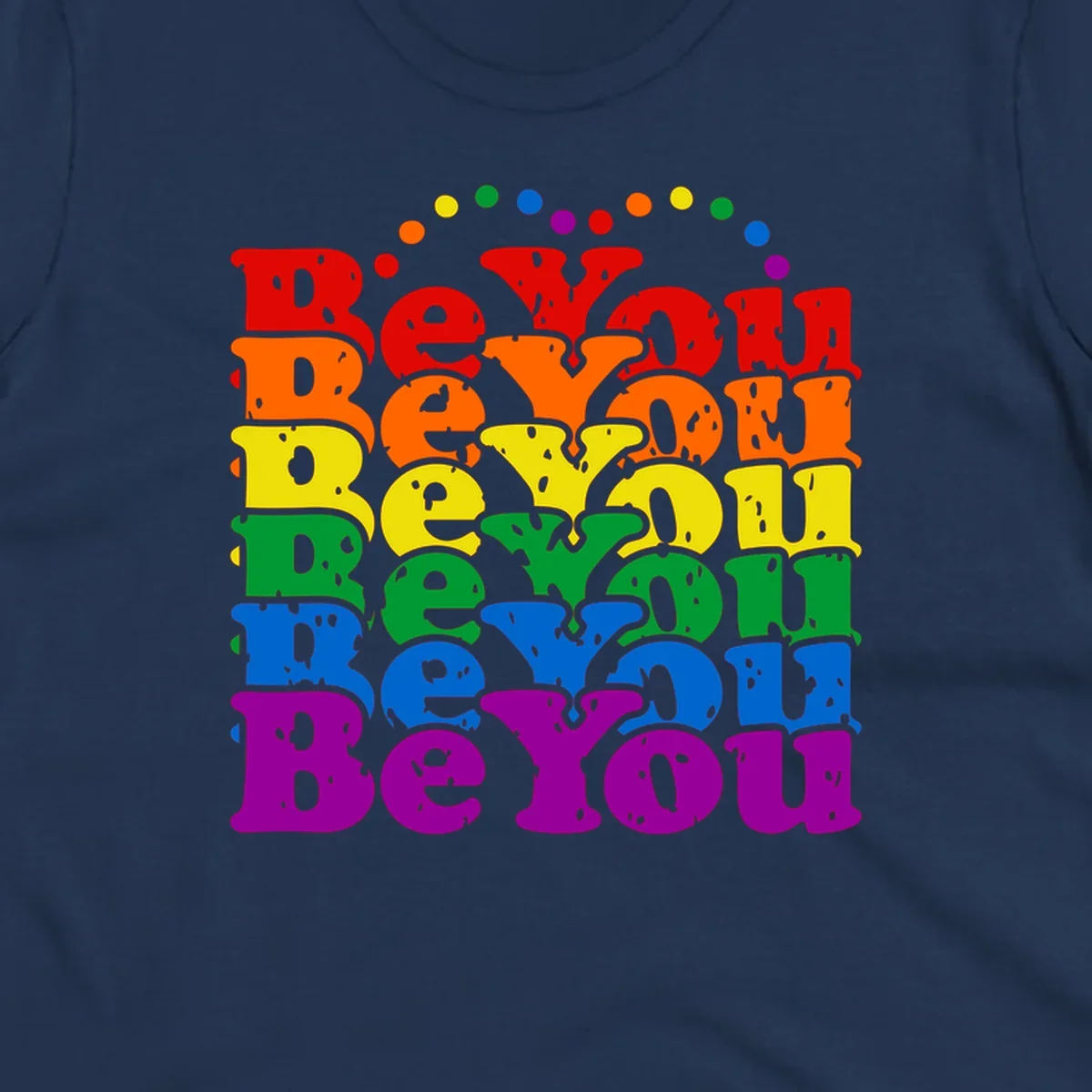Stacked rainbow-colored letters spelling 'Beyond The Rainbow' with grunge texture and floating colorful circles, pride celebration design