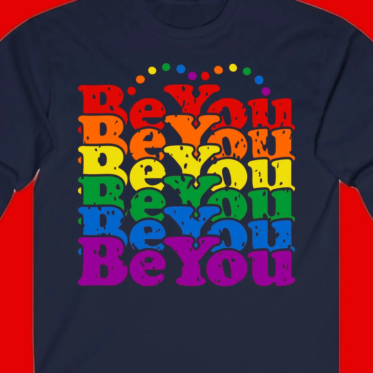 Stacked rainbow-colored letters spelling 'Beyond The Rainbow' with grunge texture and floating colorful circles, pride celebration design