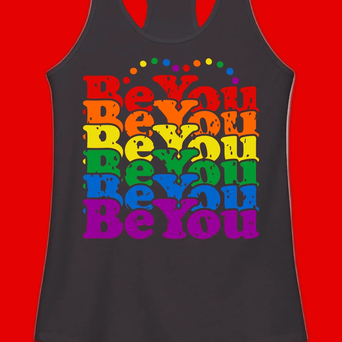 Stacked rainbow-colored letters spelling 'Beyond The Rainbow' with grunge texture and floating colorful circles, pride celebration design