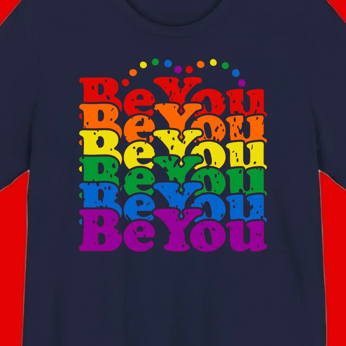 Stacked rainbow-colored letters spelling 'Beyond The Rainbow' with grunge texture and floating colorful circles, pride celebration design