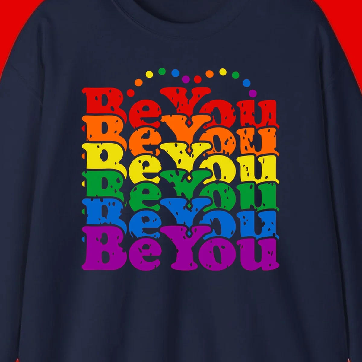 Stacked rainbow-colored letters spelling 'Beyond The Rainbow' with grunge texture and floating colorful circles, pride celebration design