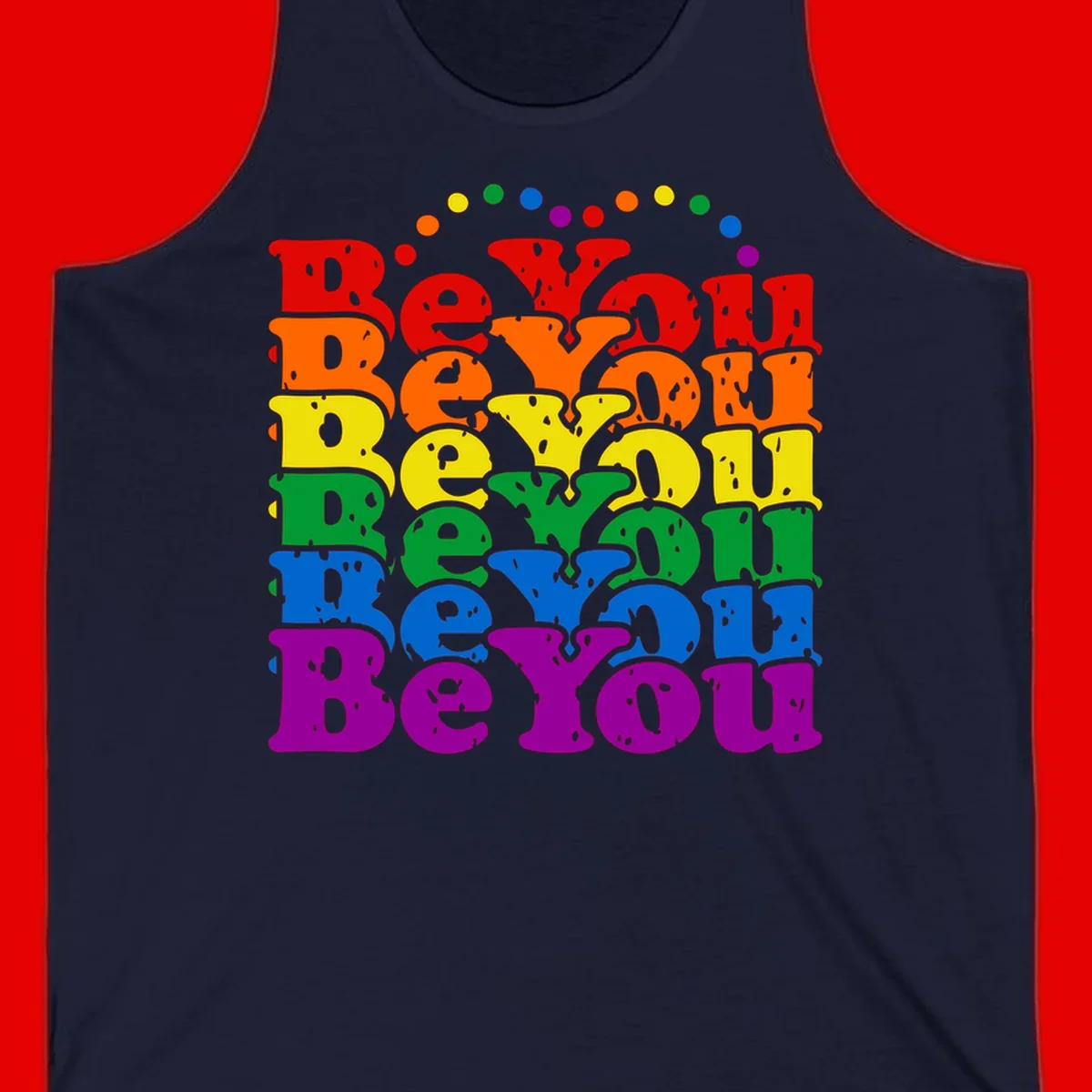 Stacked rainbow-colored letters spelling 'Beyond The Rainbow' with grunge texture and floating colorful circles, pride celebration design