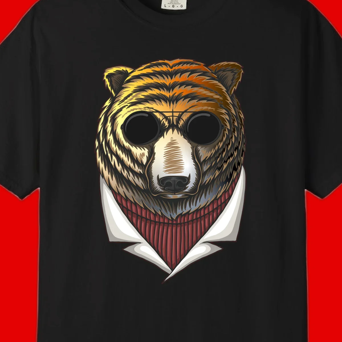 Cool bear wearing dark sunglasses and red knit sweater with white collar, stylized illustration with yellow, orange, and brown fur tones