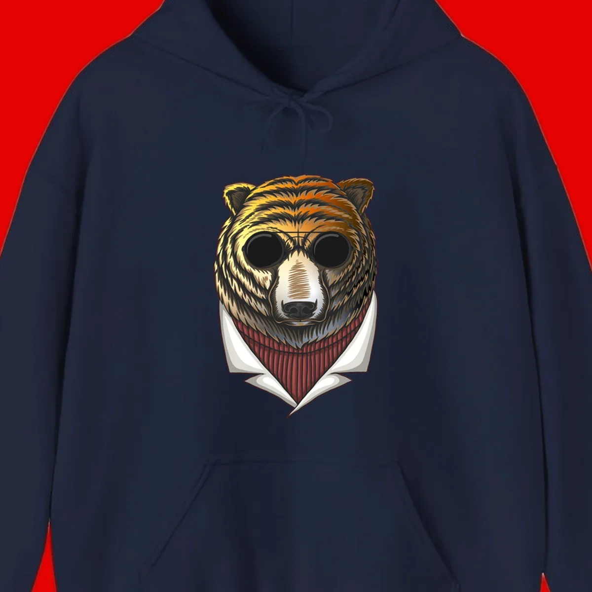 Cool bear wearing dark sunglasses and red knit sweater with white collar, stylized illustration with yellow, orange, and brown fur tones