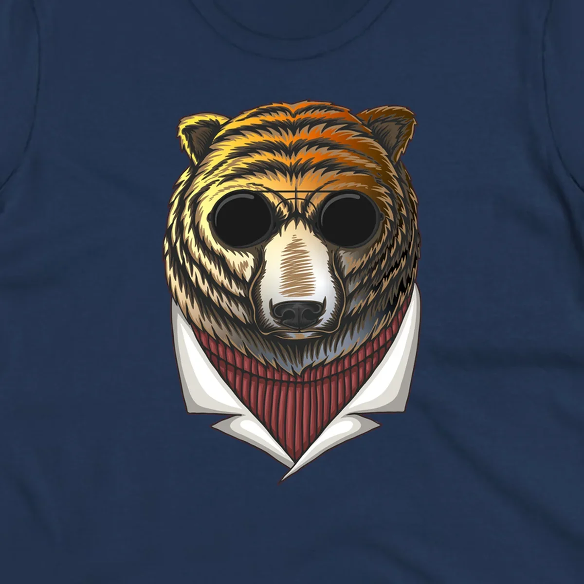 Cool bear wearing dark sunglasses and red knit sweater with white collar, stylized illustration with yellow, orange, and brown fur tones