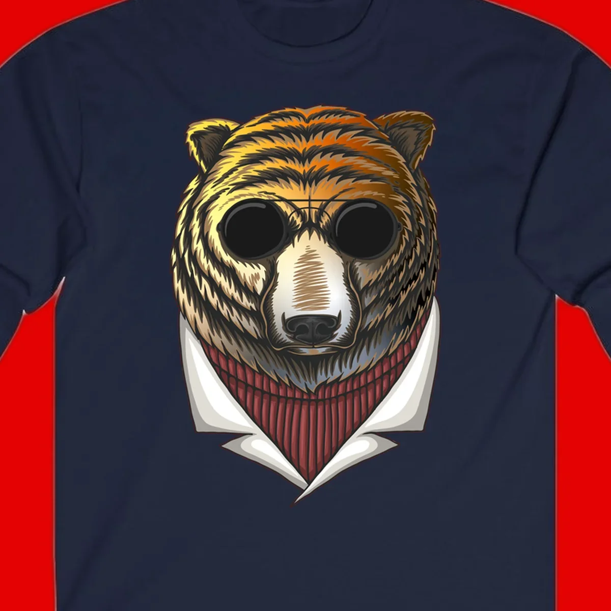 Cool bear wearing dark sunglasses and red knit sweater with white collar, stylized illustration with yellow, orange, and brown fur tones