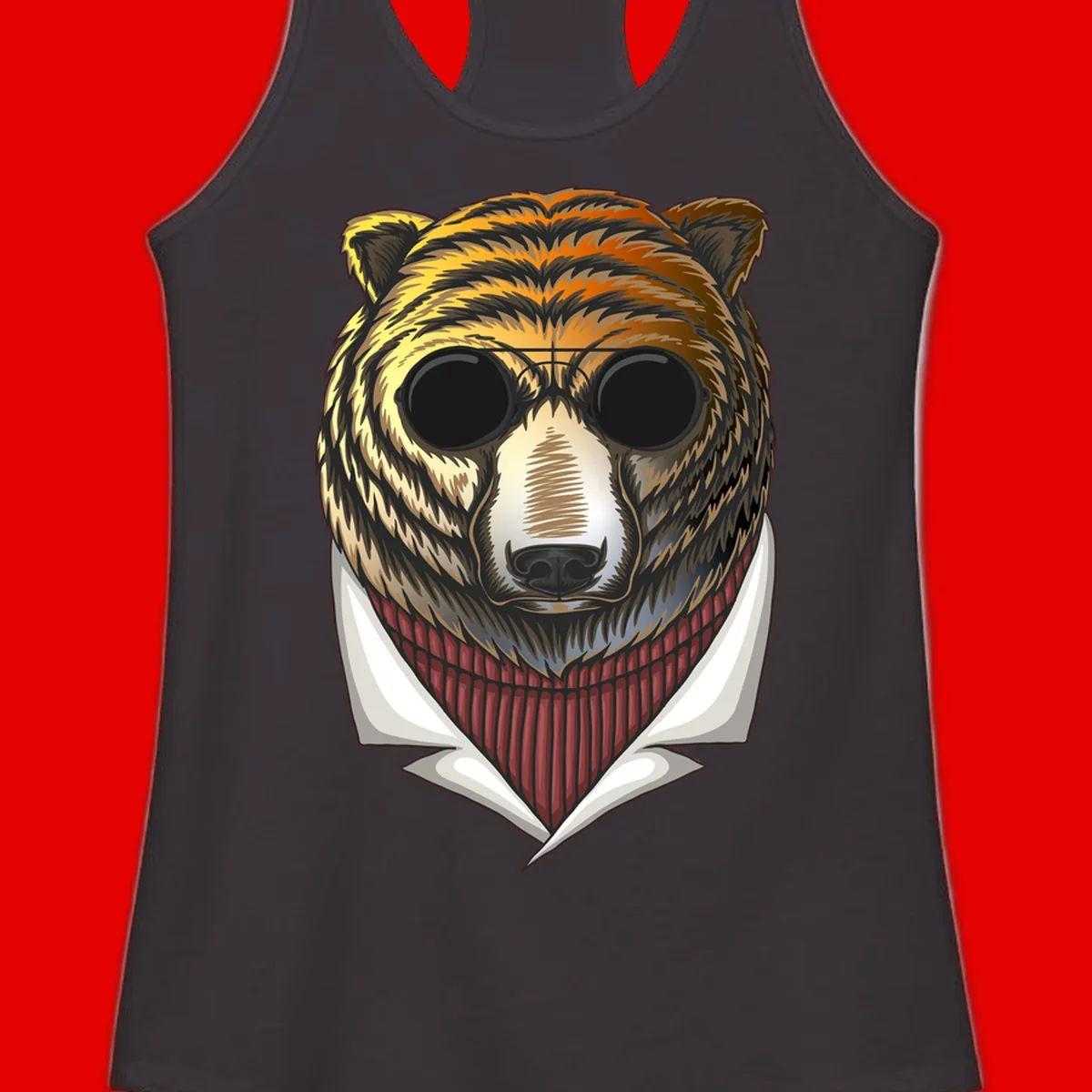 Cool bear wearing dark sunglasses and red knit sweater with white collar, stylized illustration with yellow, orange, and brown fur tones