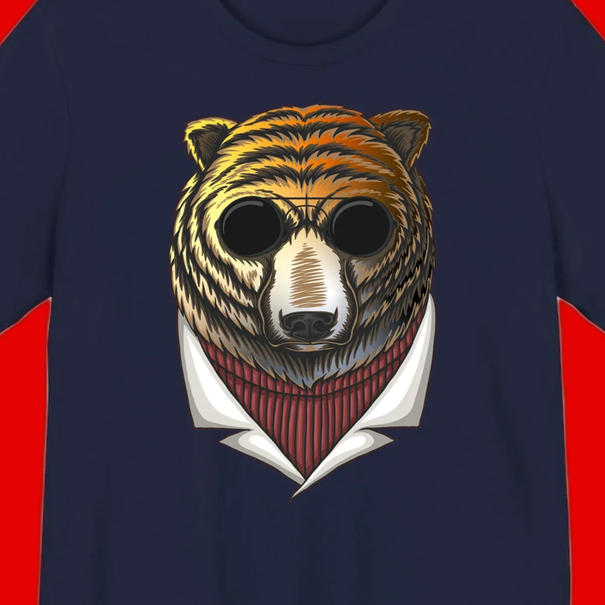 Cool bear wearing dark sunglasses and red knit sweater with white collar, stylized illustration with yellow, orange, and brown fur tones