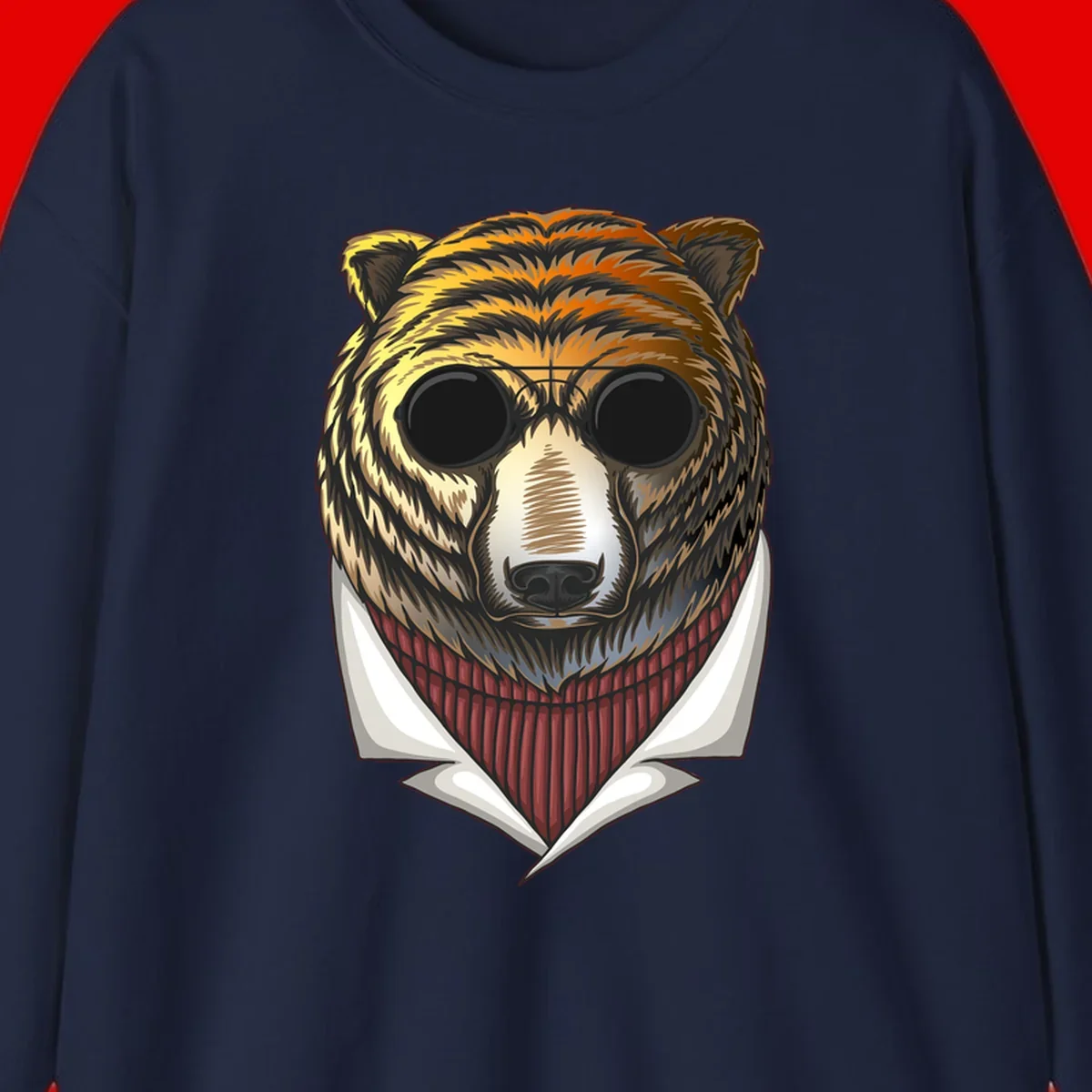 Cool bear wearing dark sunglasses and red knit sweater with white collar, stylized illustration with yellow, orange, and brown fur tones