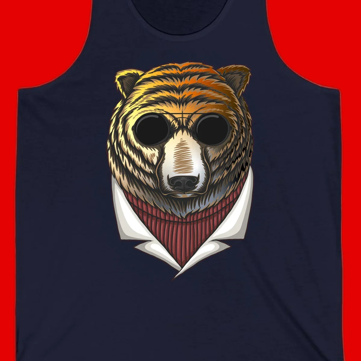 Cool bear wearing dark sunglasses and red knit sweater with white collar, stylized illustration with yellow, orange, and brown fur tones