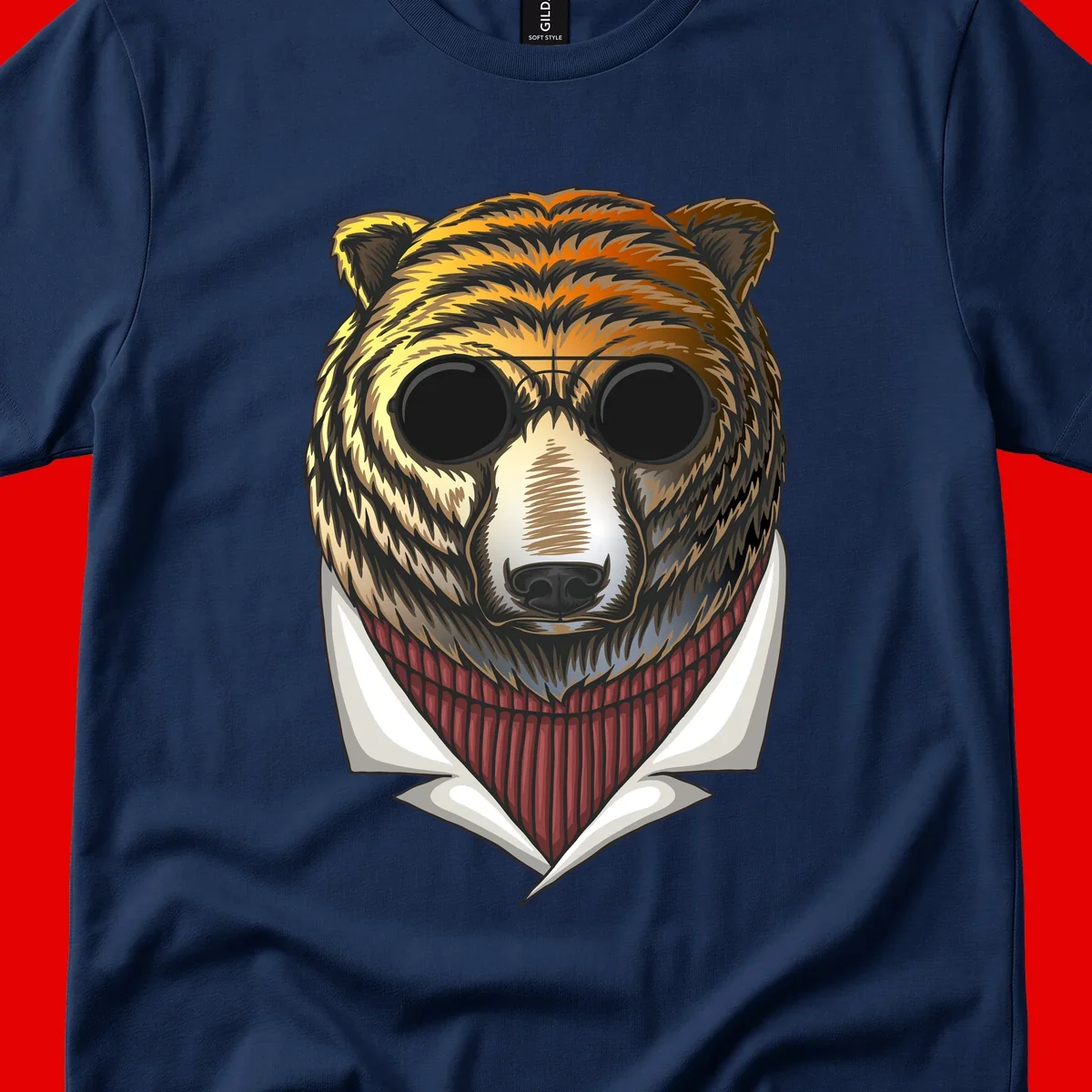 Cool bear wearing dark sunglasses and red knit sweater with white collar, stylized illustration with yellow, orange, and brown fur tones