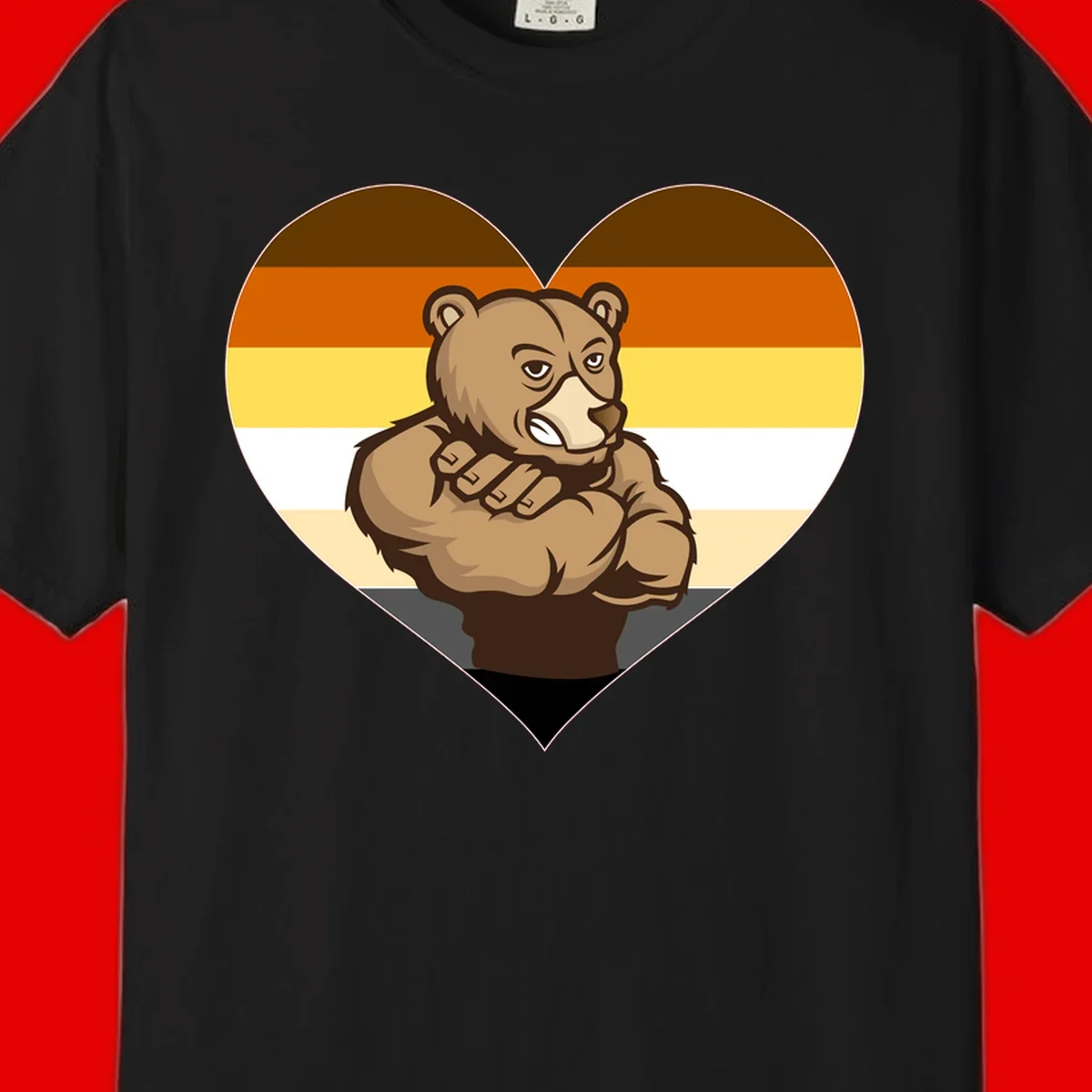 Muscular cartoon bear centered in heart shape with brown, orange, yellow, white, and tan horizontal stripes representing the bear pride flag