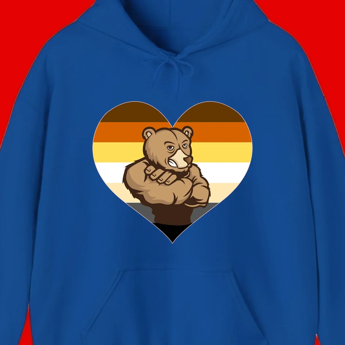 Muscular cartoon bear centered in heart shape with brown, orange, yellow, white, and tan horizontal stripes representing the bear pride flag