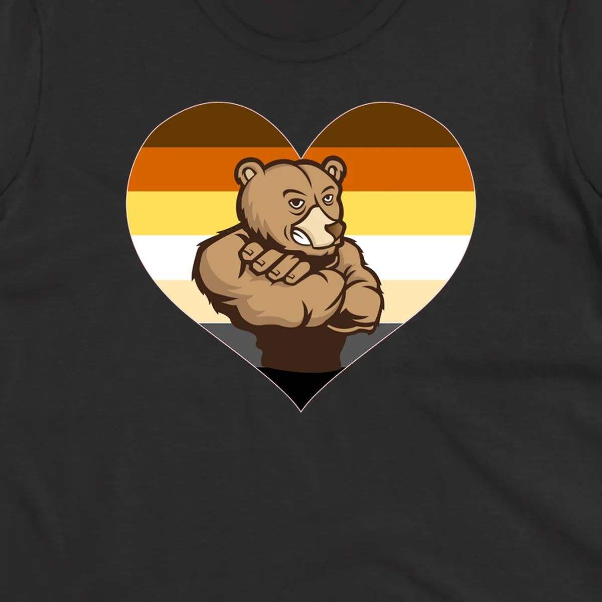 Muscular cartoon bear centered in heart shape with brown, orange, yellow, white, and tan horizontal stripes representing the bear pride flag