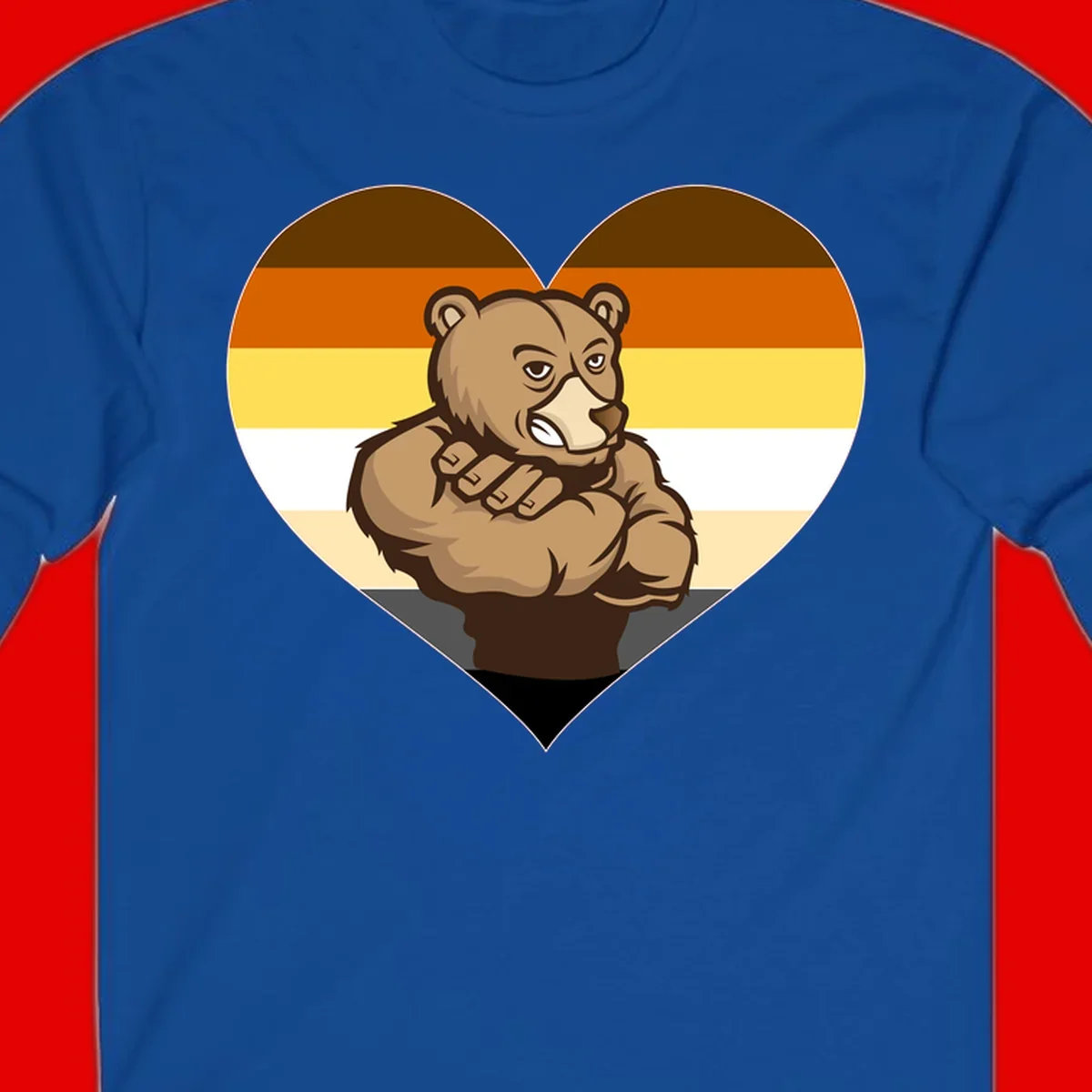 Muscular cartoon bear centered in heart shape with brown, orange, yellow, white, and tan horizontal stripes representing the bear pride flag
