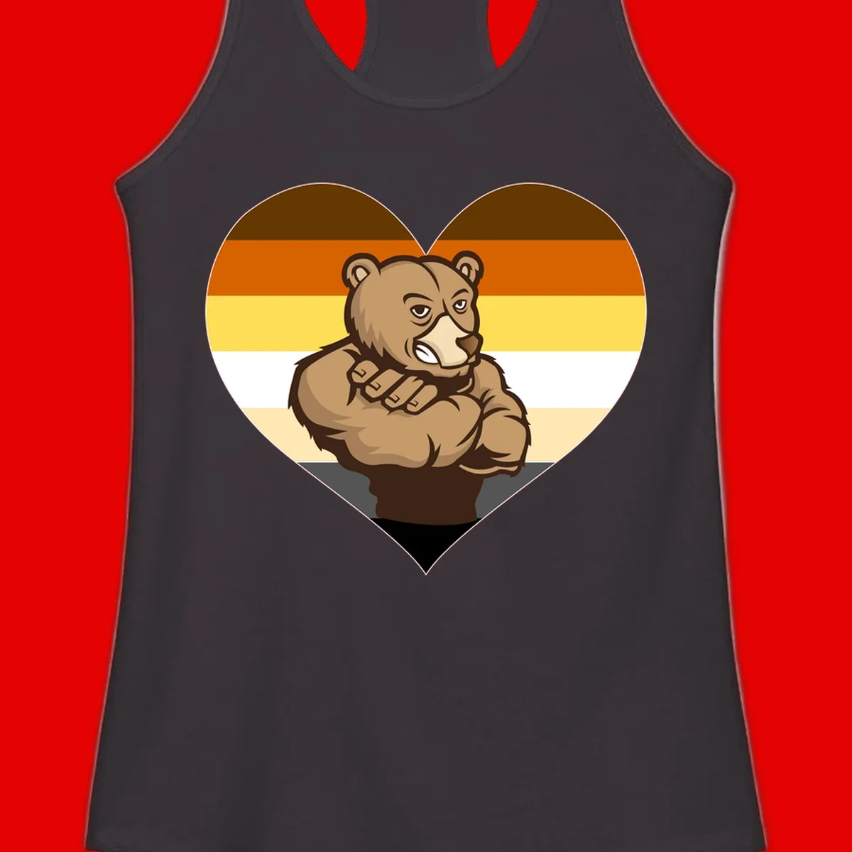 Muscular cartoon bear centered in heart shape with brown, orange, yellow, white, and tan horizontal stripes representing the bear pride flag