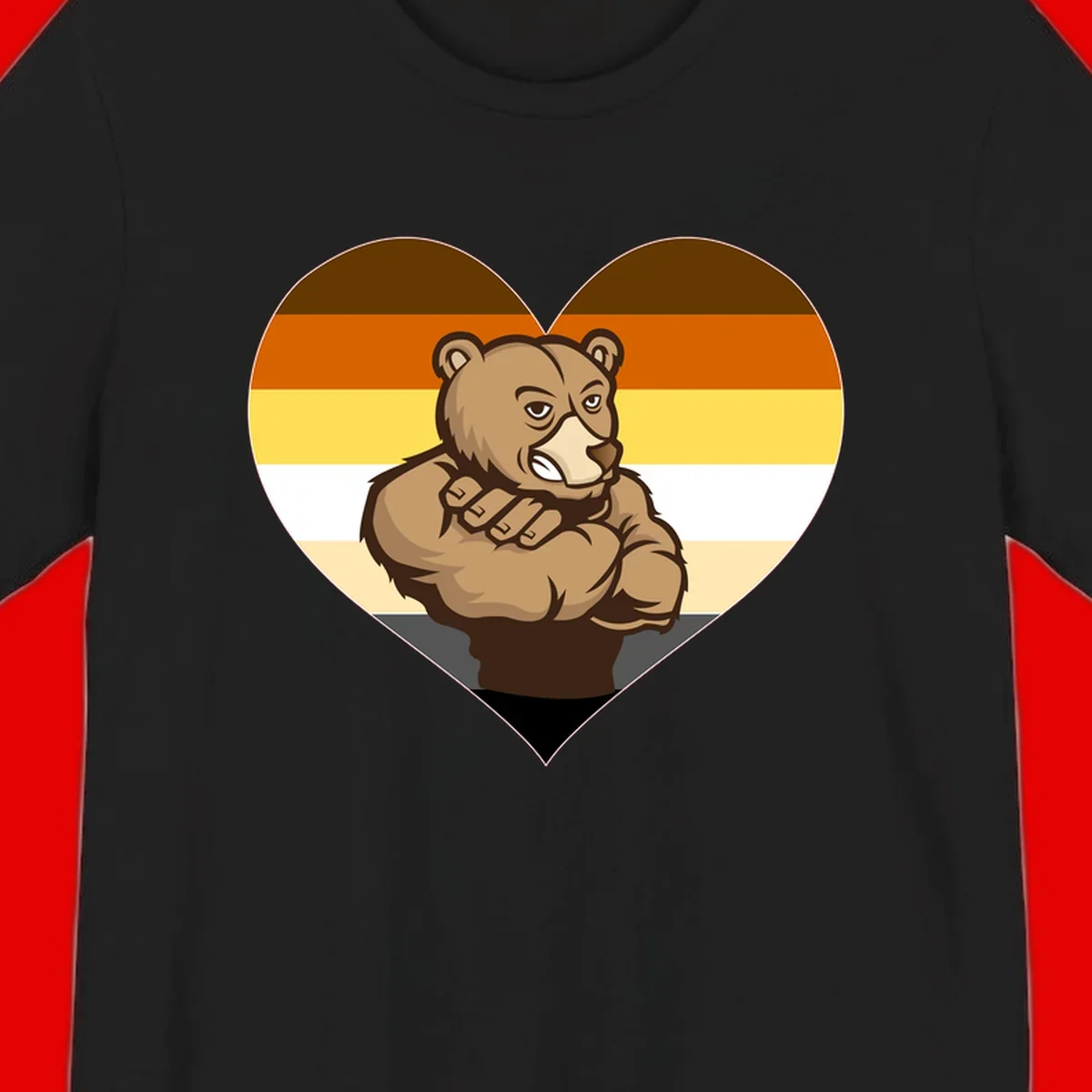Muscular cartoon bear centered in heart shape with brown, orange, yellow, white, and tan horizontal stripes representing the bear pride flag