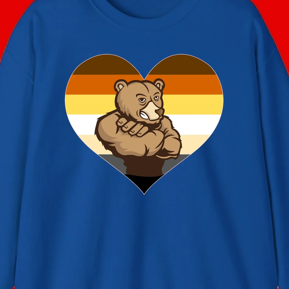 Muscular cartoon bear centered in heart shape with brown, orange, yellow, white, and tan horizontal stripes representing the bear pride flag