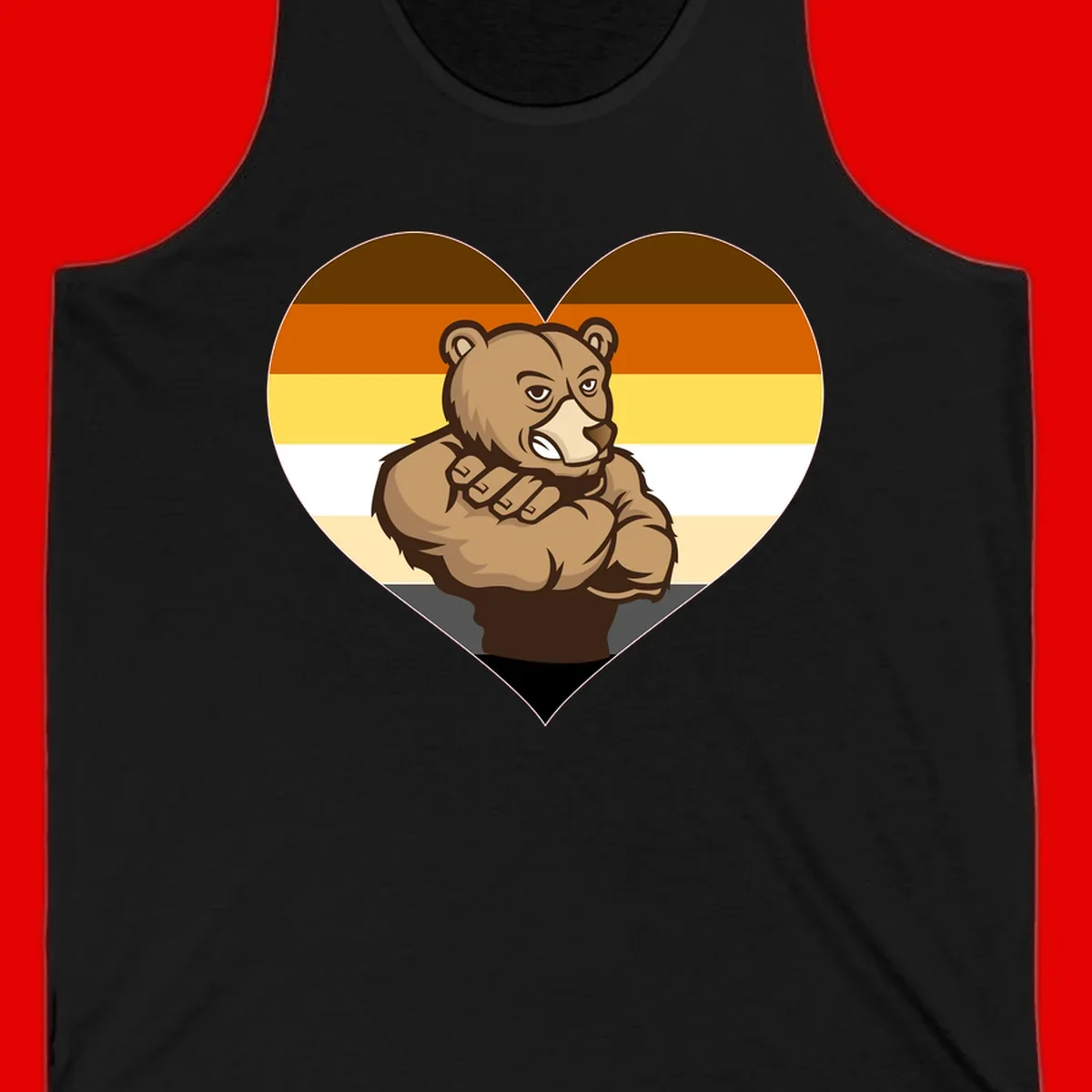 Muscular cartoon bear centered in heart shape with brown, orange, yellow, white, and tan horizontal stripes representing the bear pride flag
