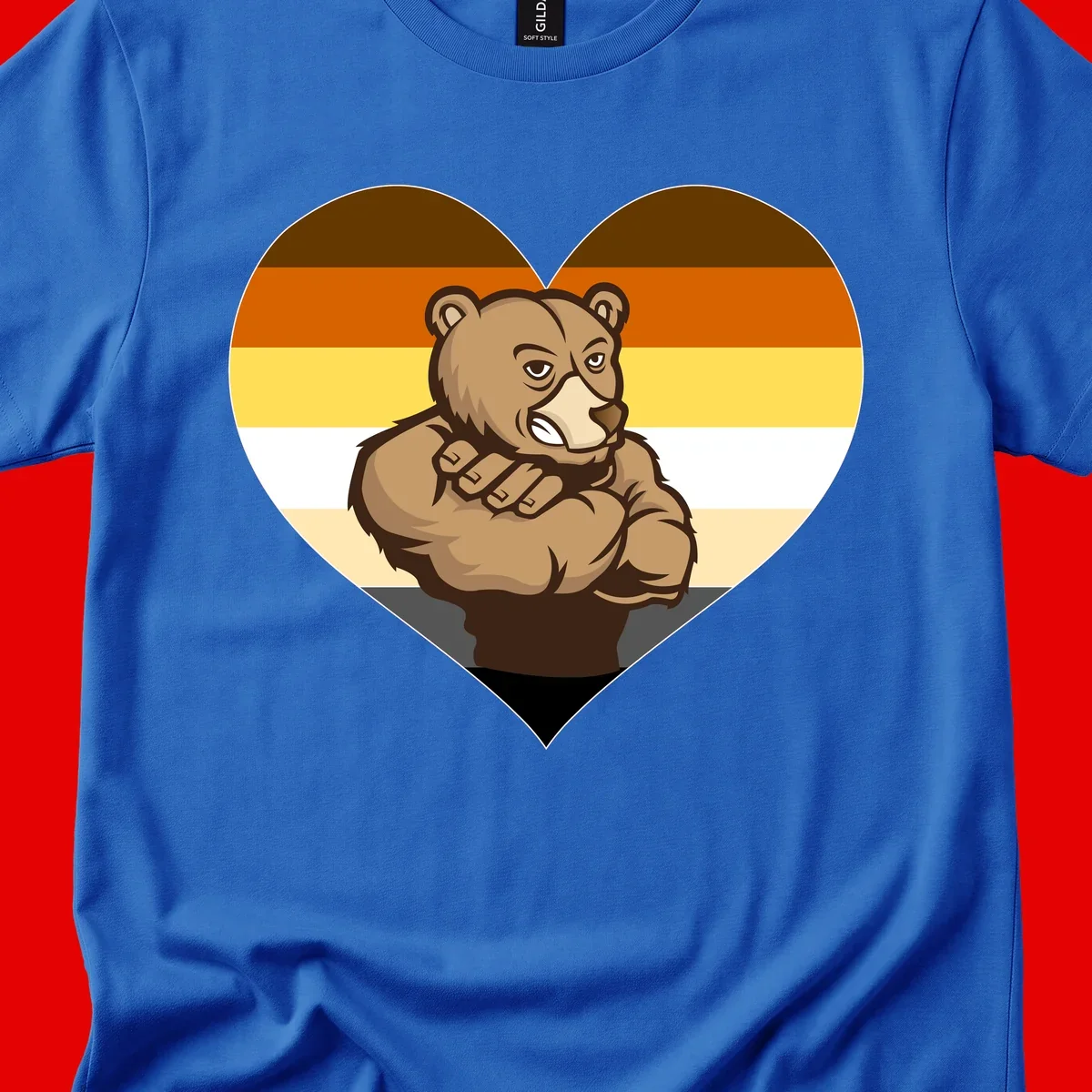 Muscular cartoon bear centered in heart shape with brown, orange, yellow, white, and tan horizontal stripes representing the bear pride flag