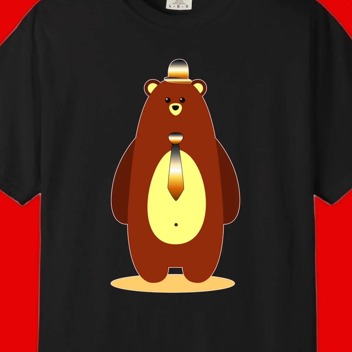 Illustration of a dapper-bear-formal in brown with golden top hat and matching tie, featuring a friendly expression and cream belly patch