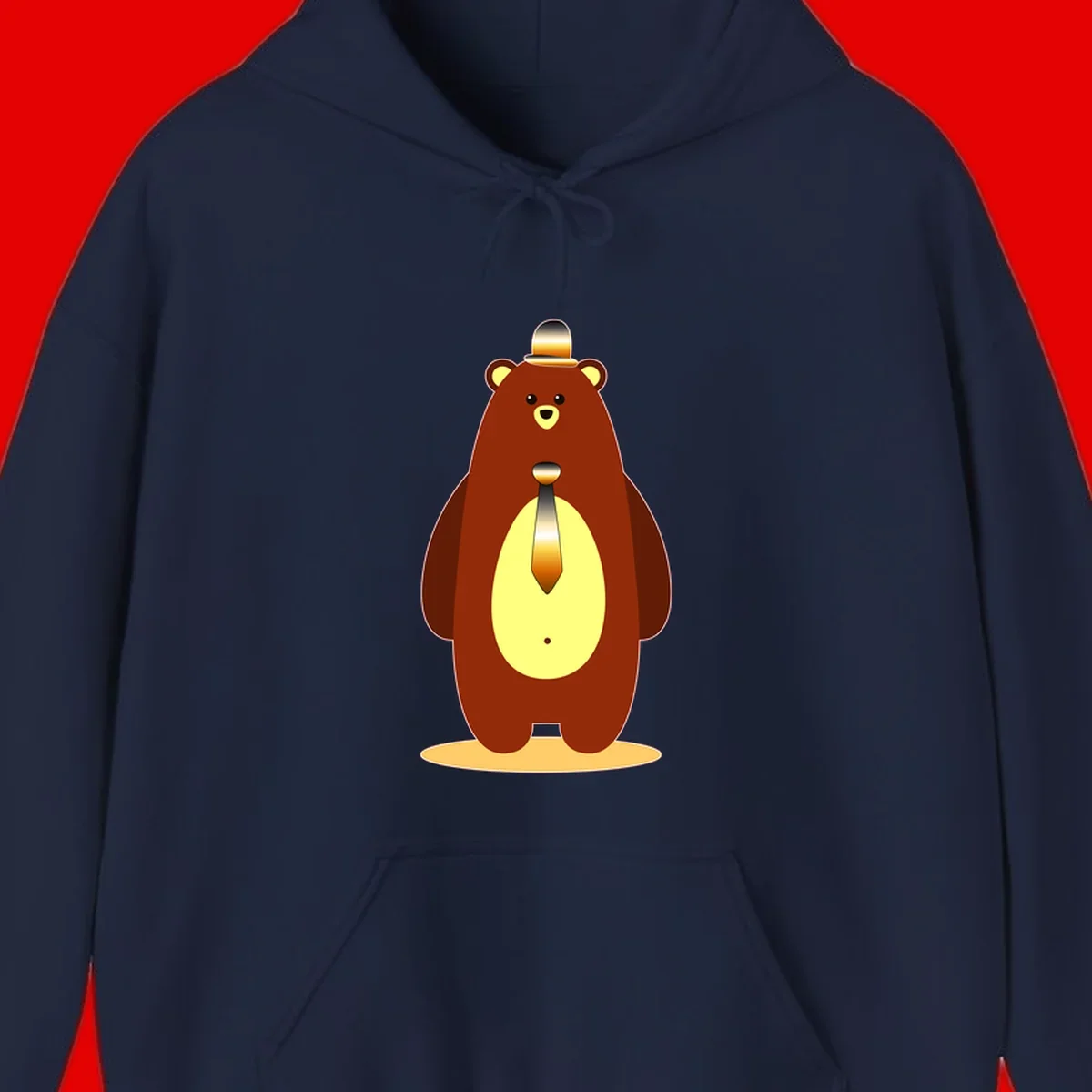 Illustration of a dapper-bear-formal in brown with golden top hat and matching tie, featuring a friendly expression and cream belly patch