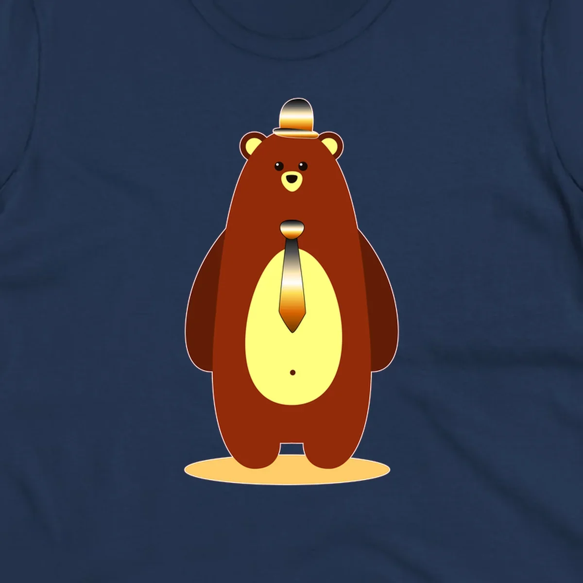 Illustration of a dapper-bear-formal in brown with golden top hat and matching tie, featuring a friendly expression and cream belly patch