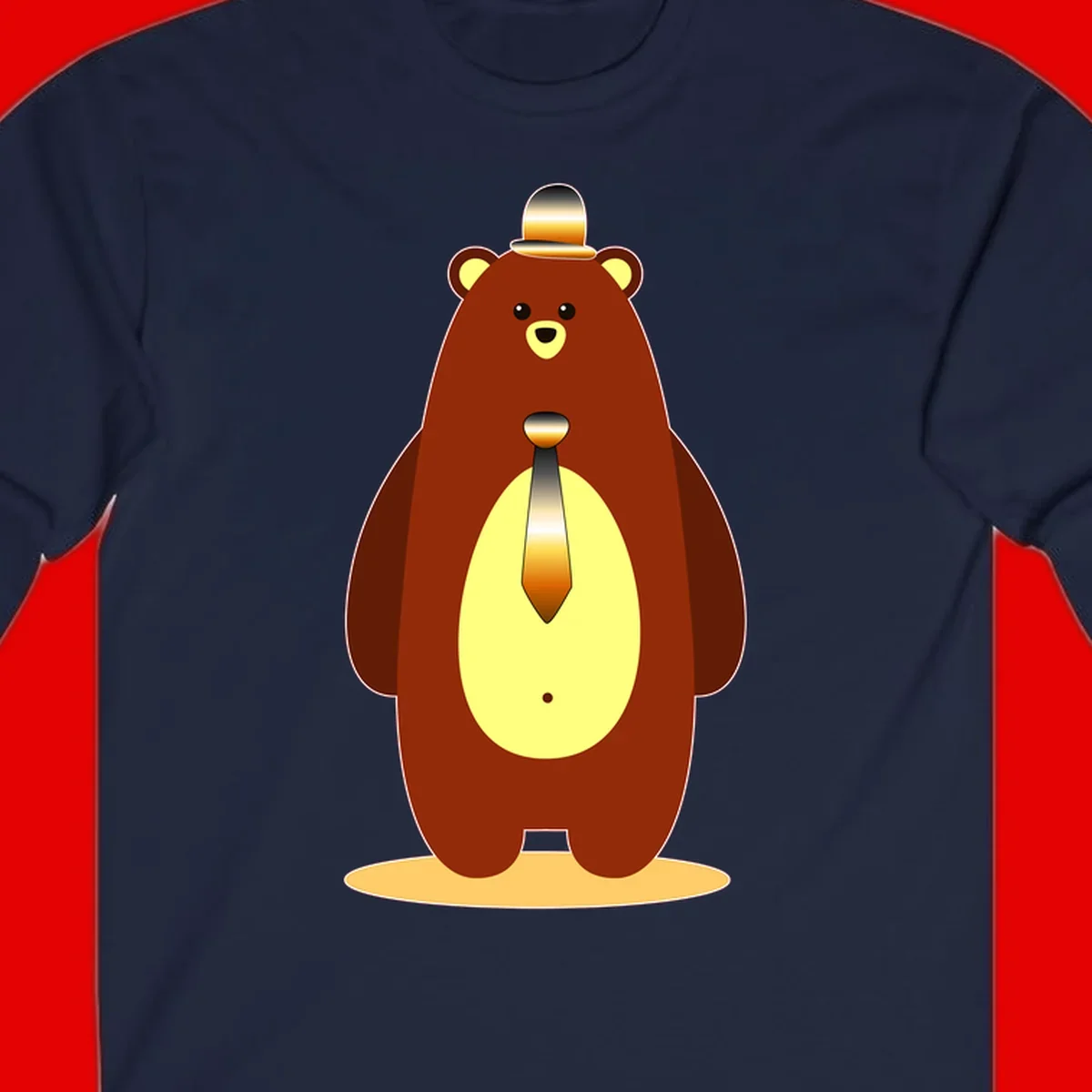 Illustration of a dapper-bear-formal in brown with golden top hat and matching tie, featuring a friendly expression and cream belly patch