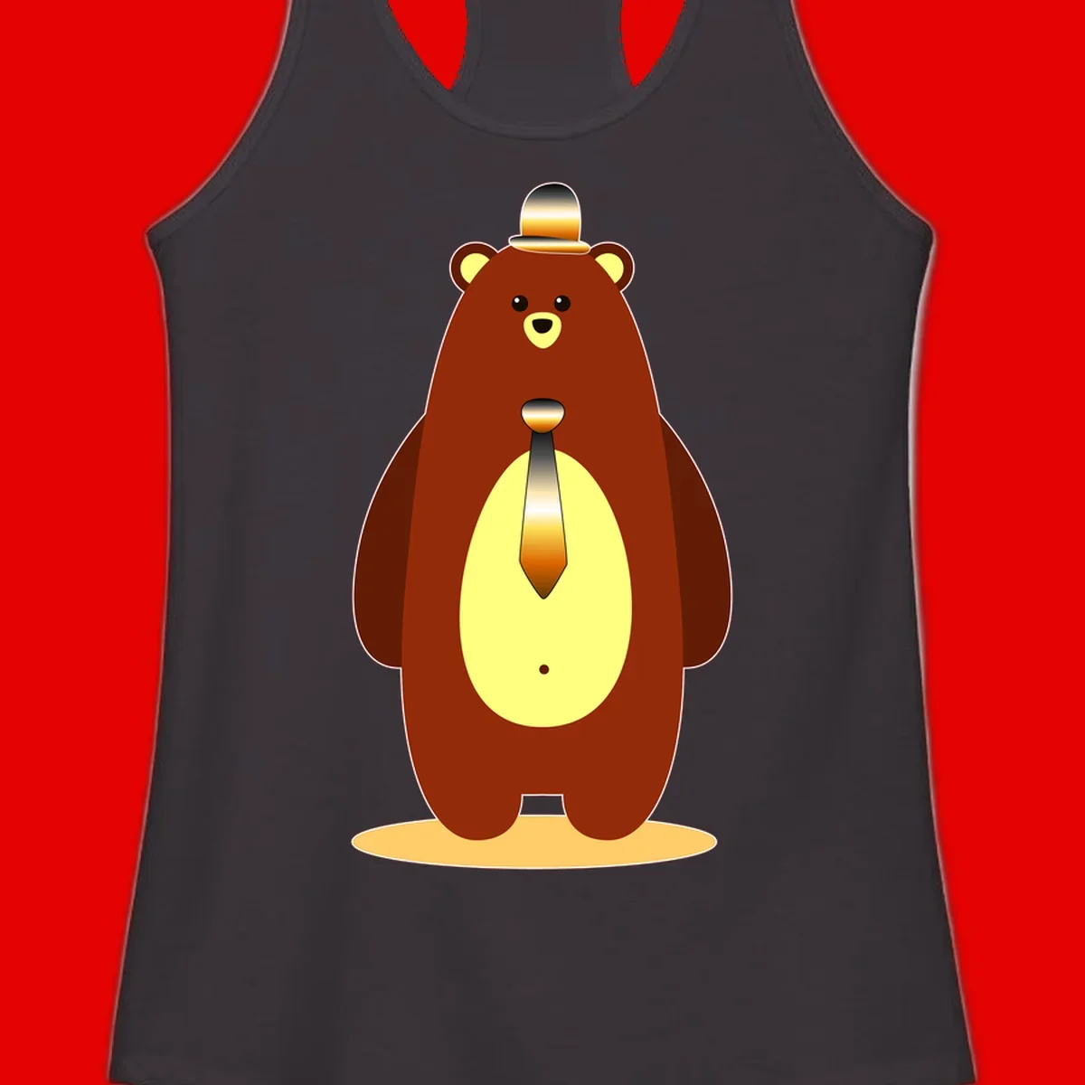 Illustration of a dapper-bear-formal in brown with golden top hat and matching tie, featuring a friendly expression and cream belly patch