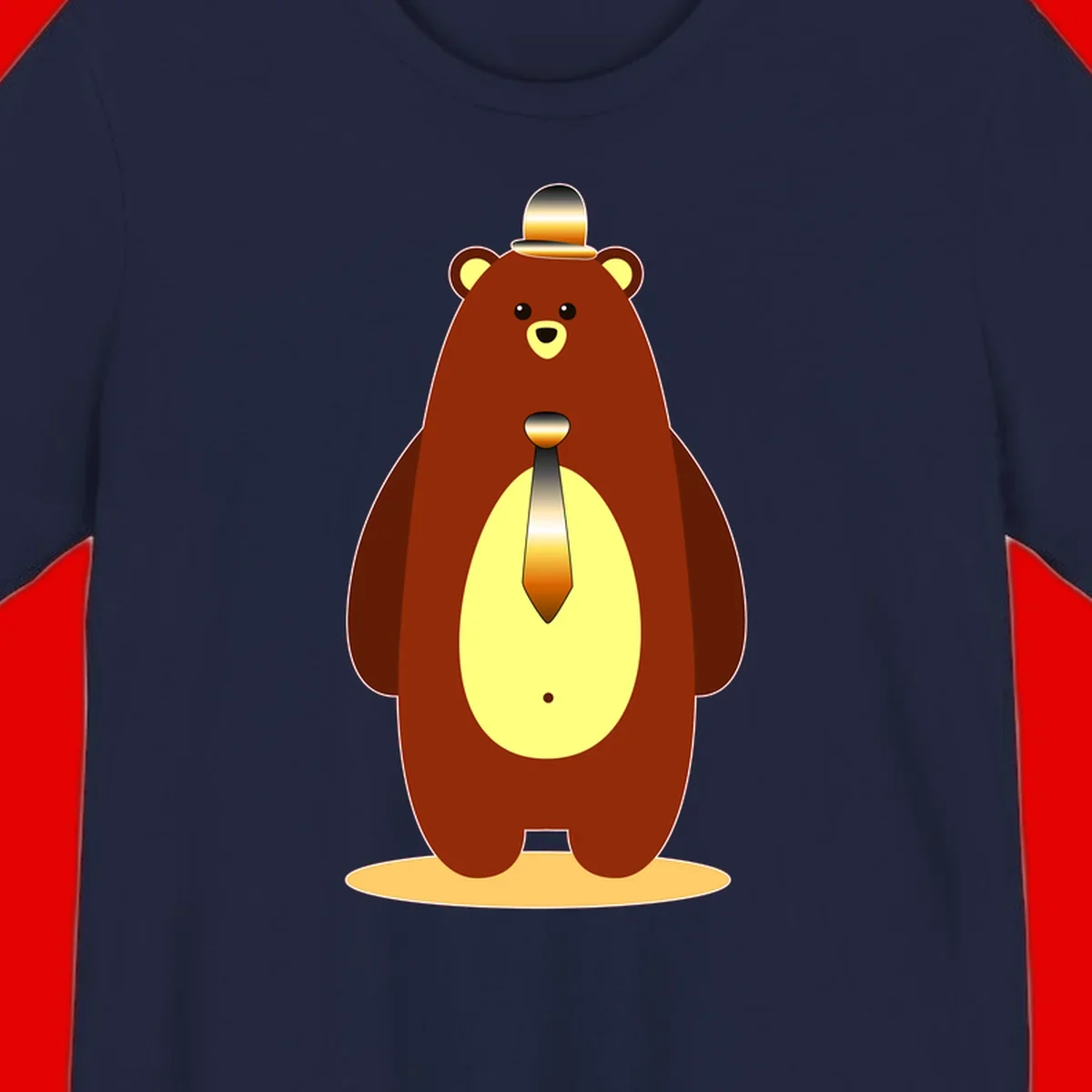 Illustration of a dapper-bear-formal in brown with golden top hat and matching tie, featuring a friendly expression and cream belly patch