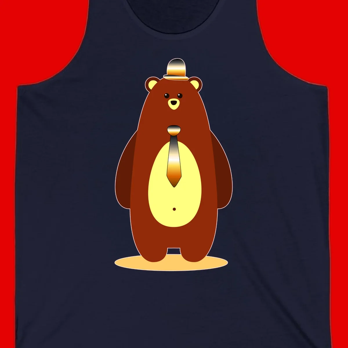 Illustration of a dapper-bear-formal in brown with golden top hat and matching tie, featuring a friendly expression and cream belly patch