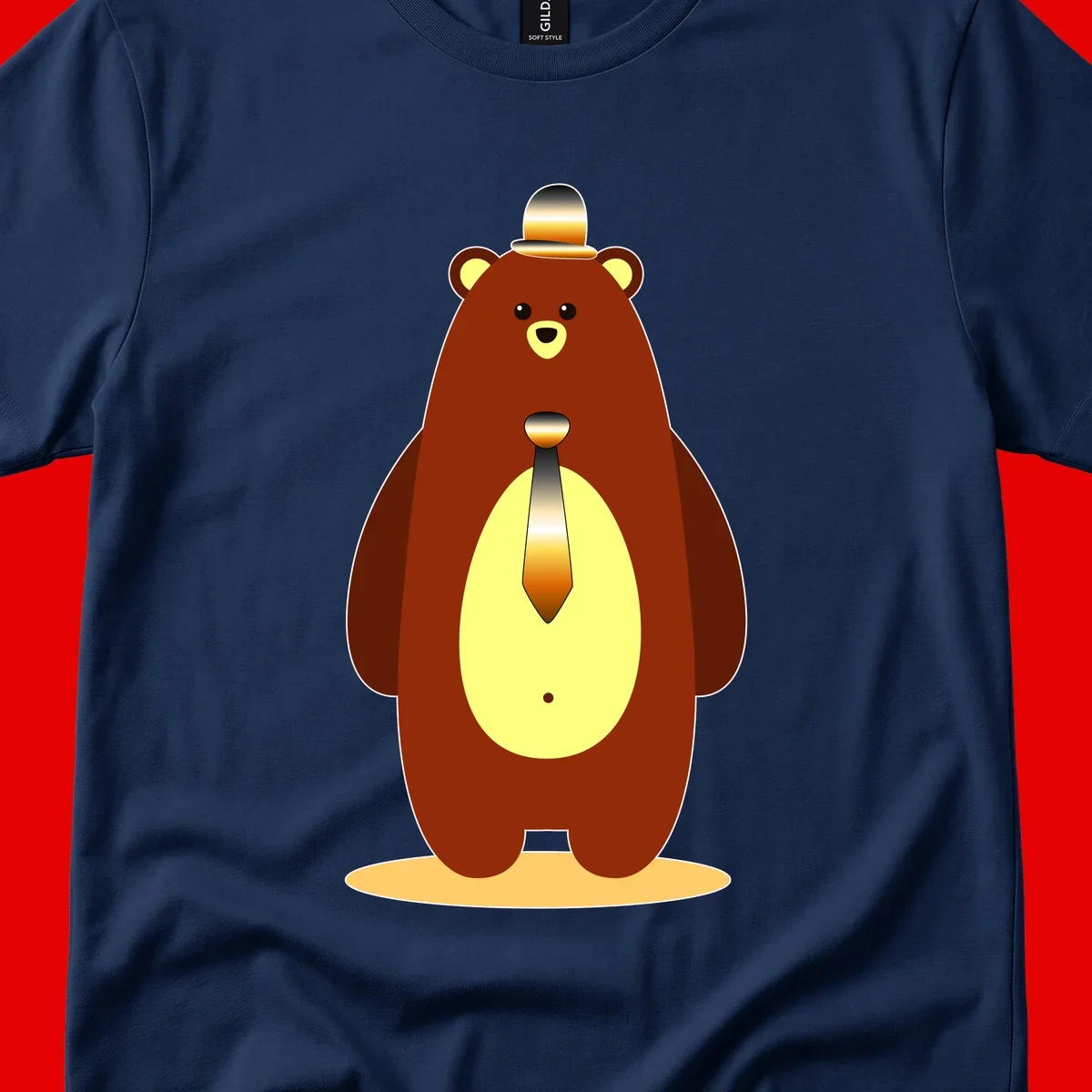 Illustration of a dapper-bear-formal in brown with golden top hat and matching tie, featuring a friendly expression and cream belly patch
