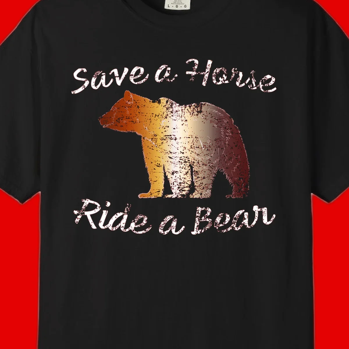 Distressed grunge bear illustration in orange and yellow with 'Save a Bear' text for wildlife conservation awareness