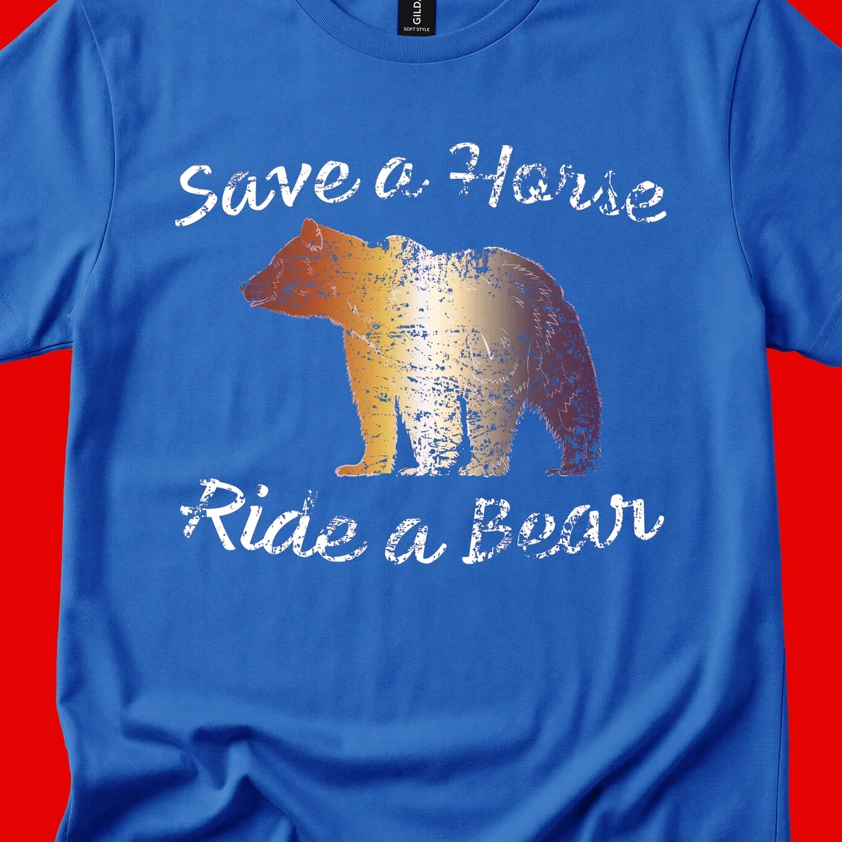 Distressed grunge bear illustration in orange and yellow with 'Save a Bear' text for wildlife conservation awareness